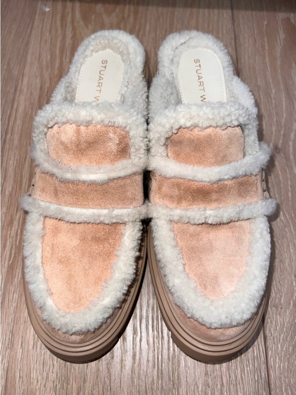Stuart Weitzman Blush Suede & Cream Shearling Mules